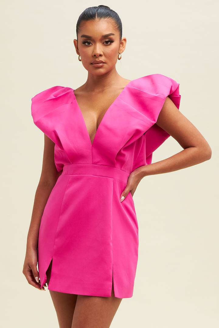 Fuchsia Pink Puff Sleeve Plunge Open Back Mini Dress