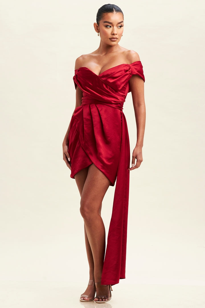 Red Satin Double Layered Off The Shoulder Drape Mini Dress
