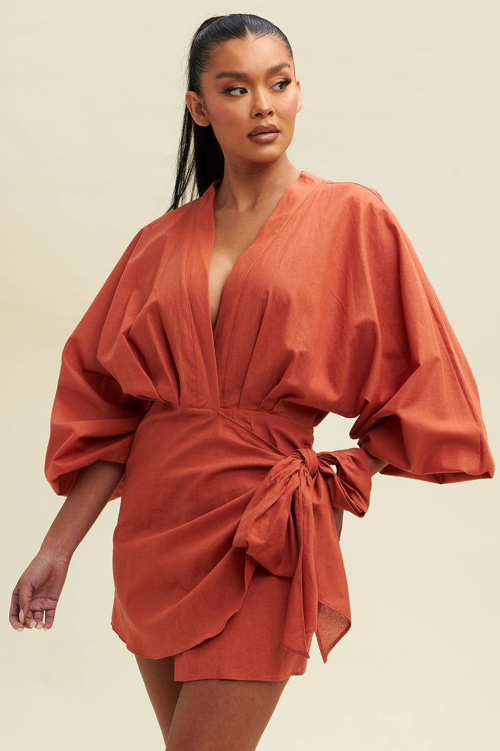 Rust Linen Wrap Front Lantern Puff Long Sleeve Mini Dress Rust Linen Wrap Front Lantern Puff Long Sleeve Mini Dress