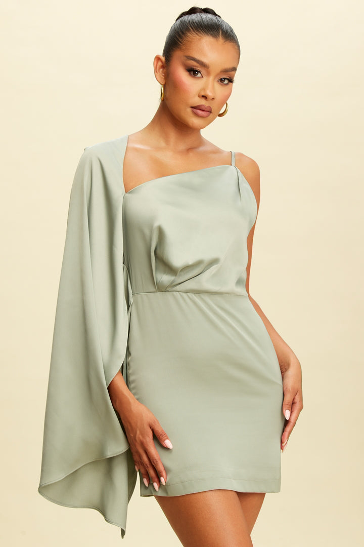 green emerald velvet dress Sage Green Satin Cape Shoulder Mini Dress