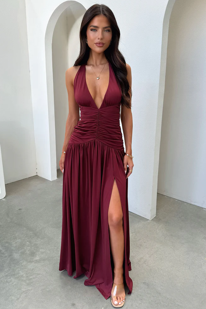 Burgundy Ruched Side Slit Maxi Dress