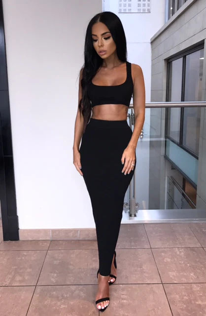 Black Ribbed Crop Vest & Maxi Bodycon Skirt Coord