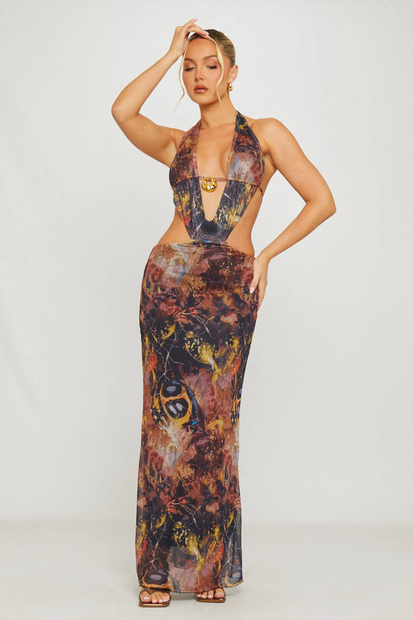Abstract Sheer Cut Out Cover Up Maxi Dress