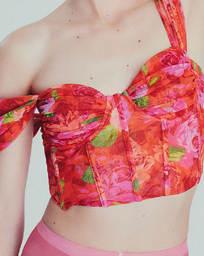 Coral Red Abstract Mesh Corset Crop Top