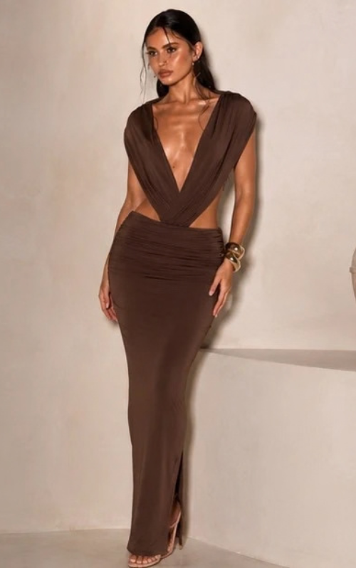 Dark Brown Plunge Maxi Dress