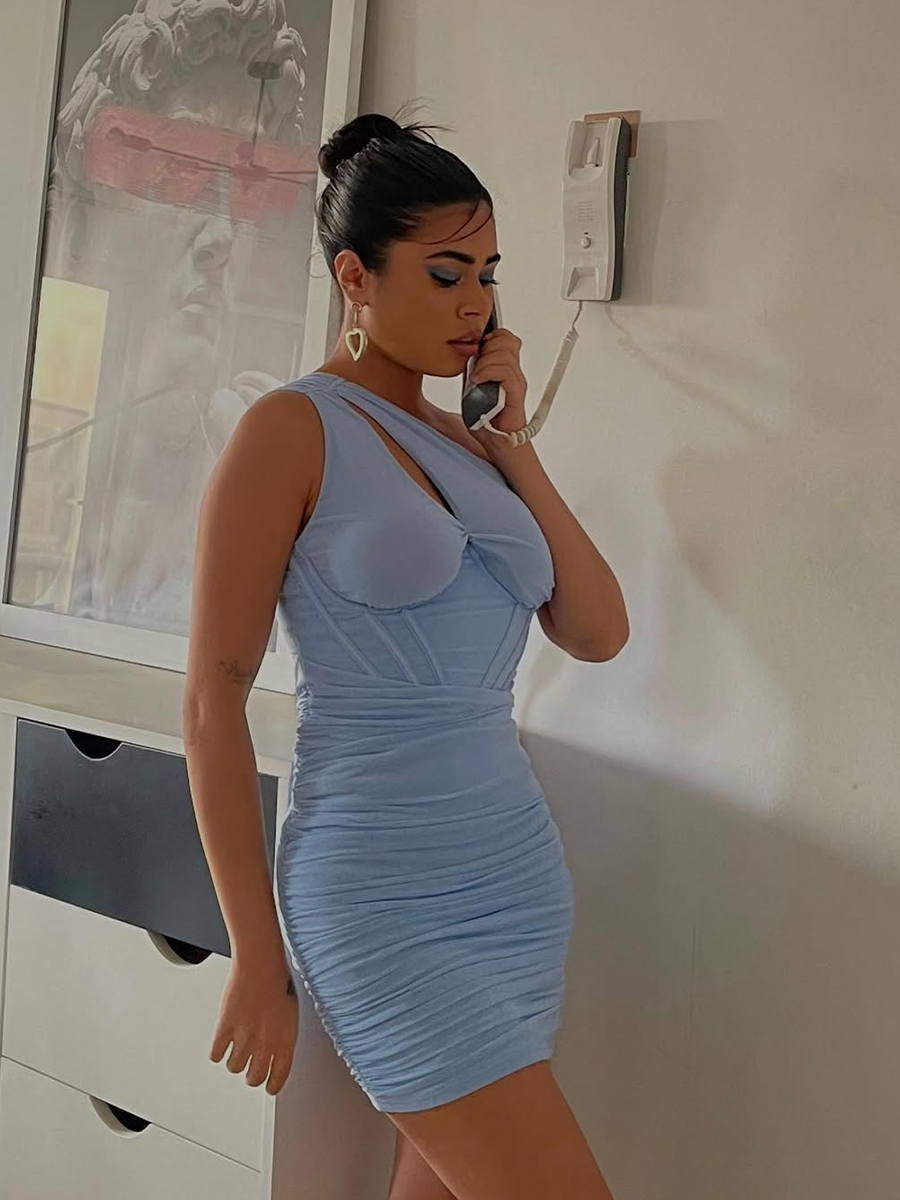 Baby Blue One Shoulder Corset Double Layered Mesh Mini Dress