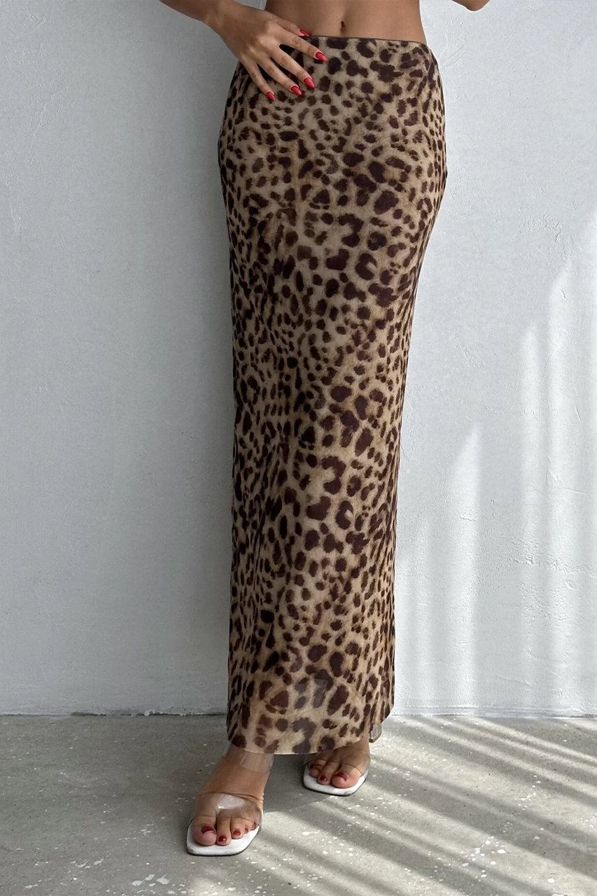 Leopard Print Low Rise Mesh Maxi Skirt