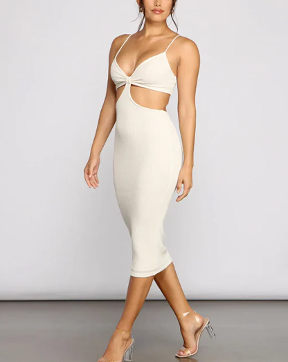 Cream Front Knot Cutout Midi Dress