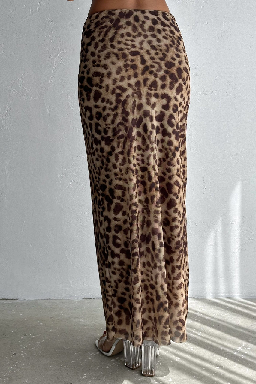 Leopard Print Low Rise Mesh Maxi Skirt