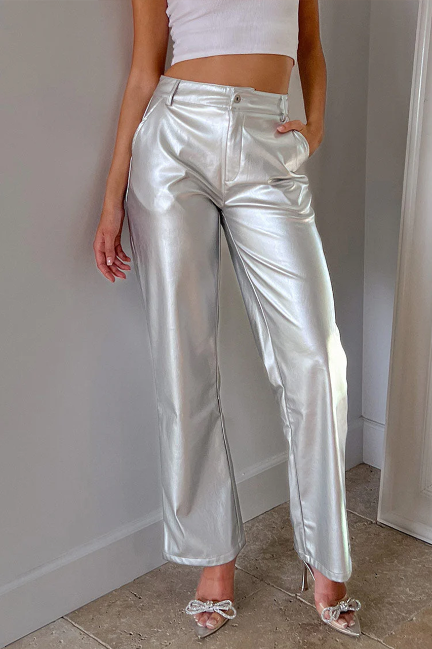 Silver Metallic Straight Leg Trousers