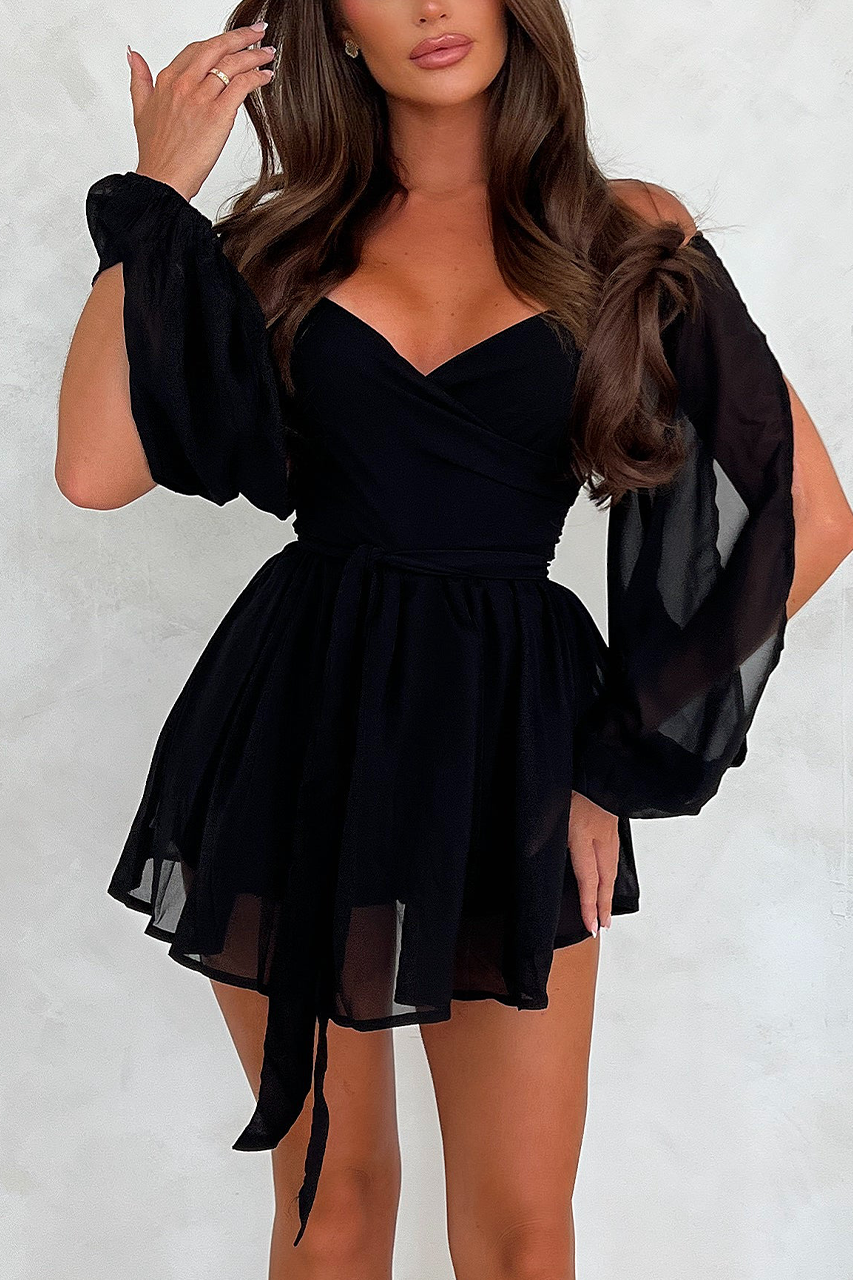 Black Slit Lantern Sleeve Skater Playsuit