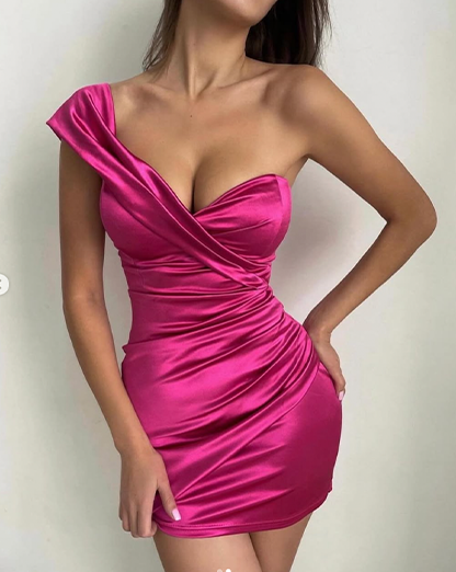 Hot Pink One Shoulder Satin Wrap Mini Dress