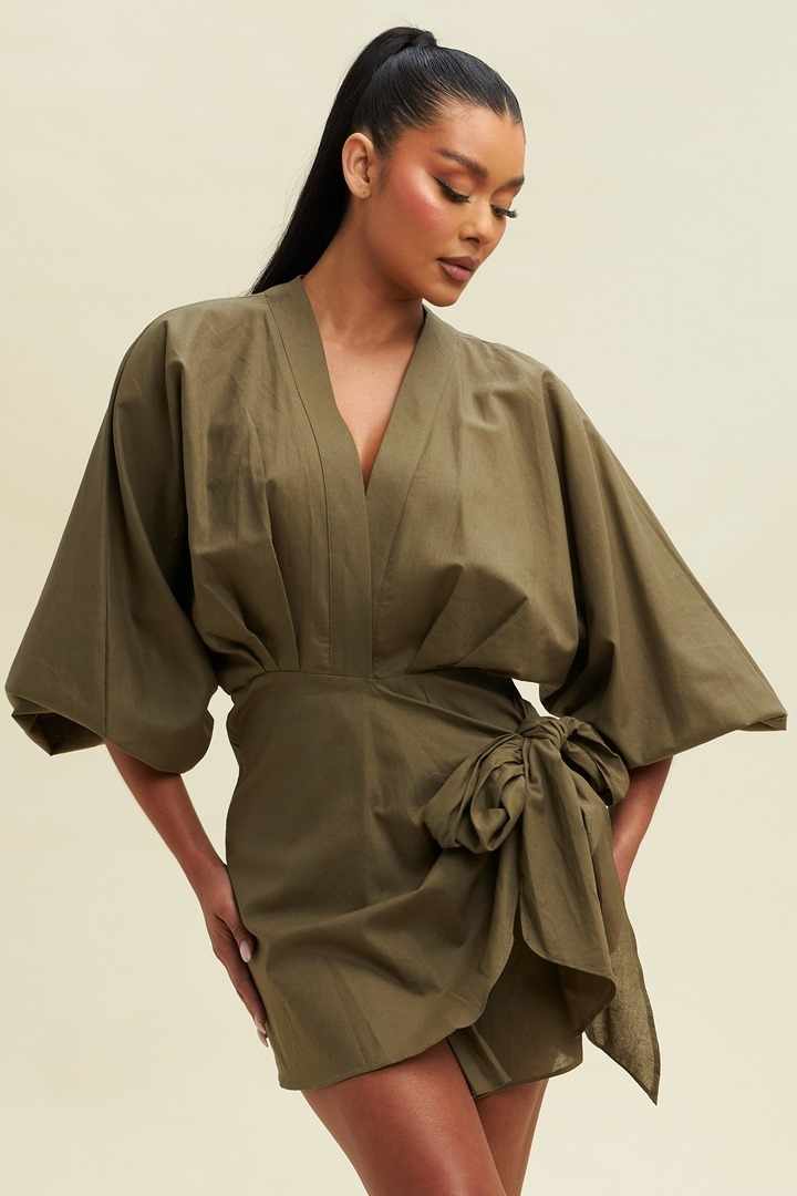 Olive Green Linen Wrap Front Lantern Puff Long Sleeve Mini Dress Olive Green Linen Wrap Front Lantern Puff Long Sleeve Mini Dress