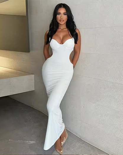 White Textured Cut Out Maxi Bodycon Dress