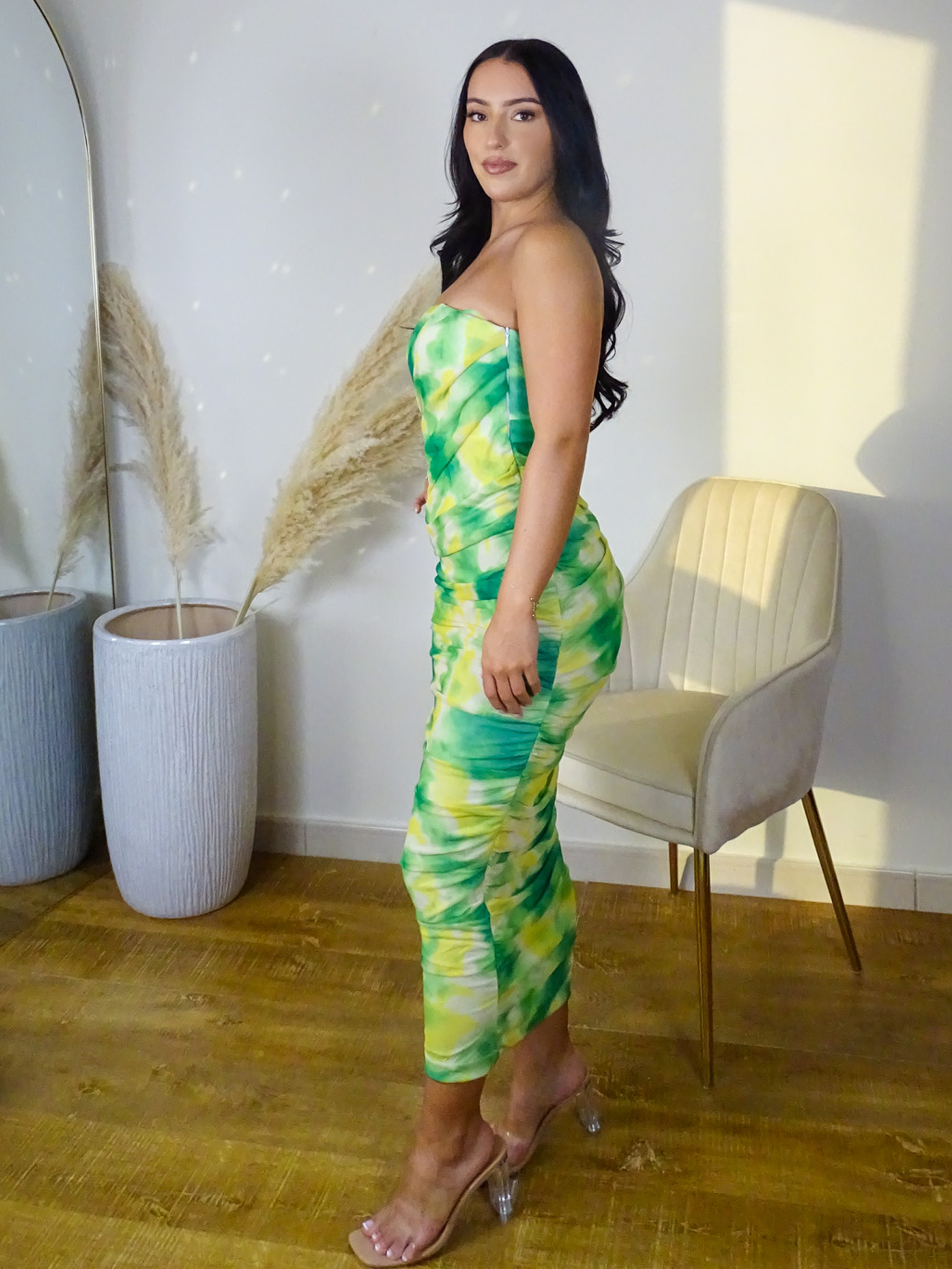 Green Abstract Mesh Double Layered Corset Structured Bandeau Midi Dress