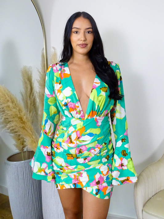 Green Floral Long Sleeve Triple Layered Plunge Ruched Mini Dress