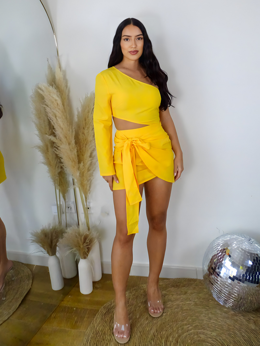 Yellow One Sleeve Wrap Front Cutout Mini Dress