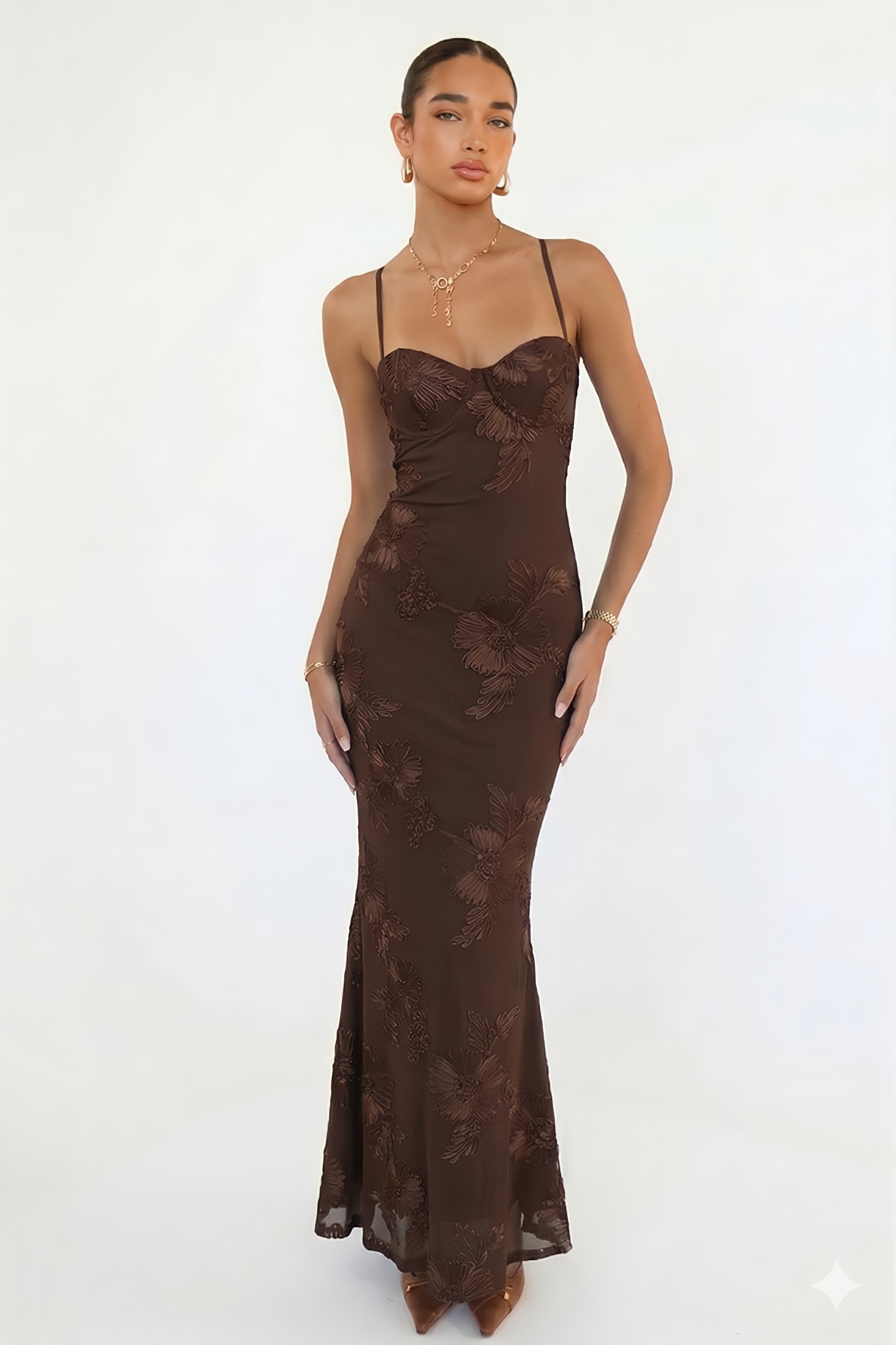 Bitter Brown Embroidered Maxi Dress