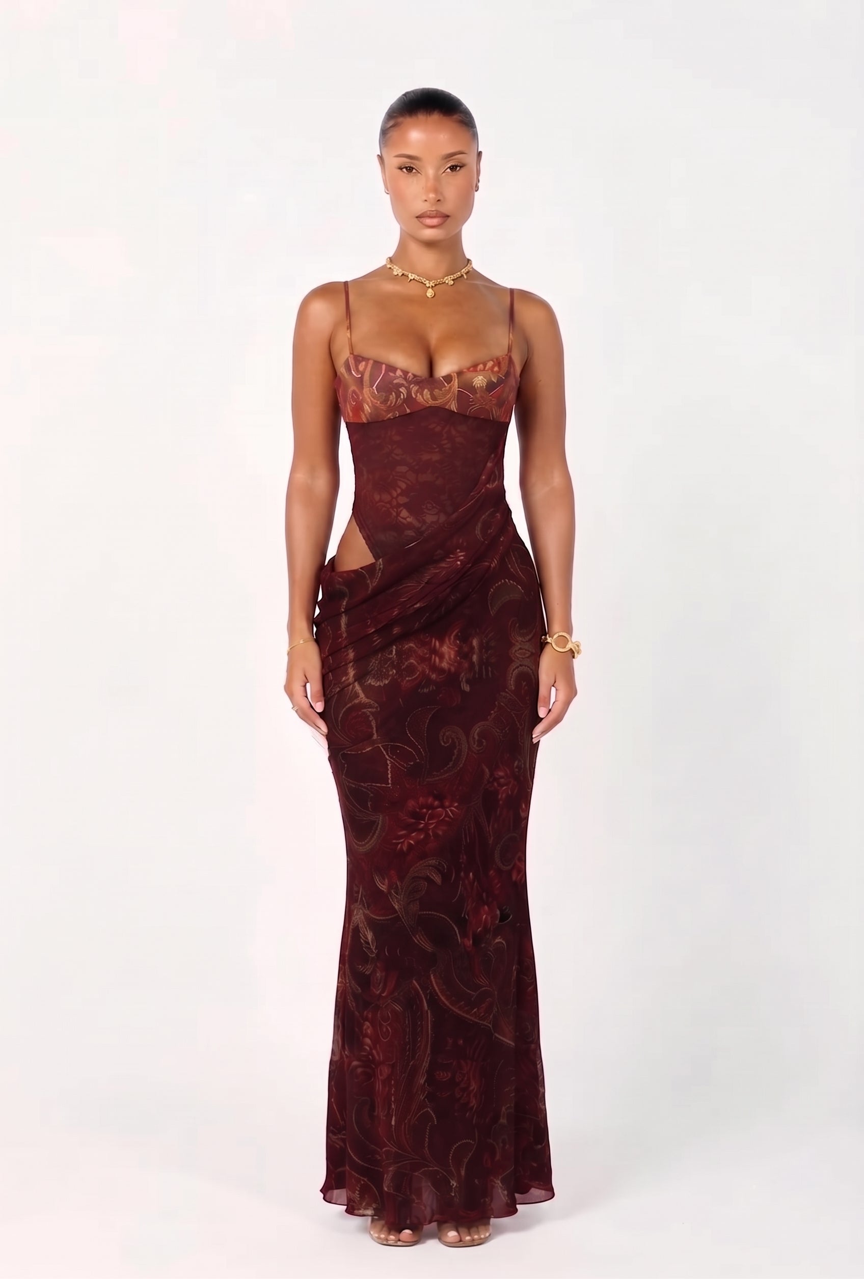 Wine Red Lace Bodysuit Chiffon Maxi Dress