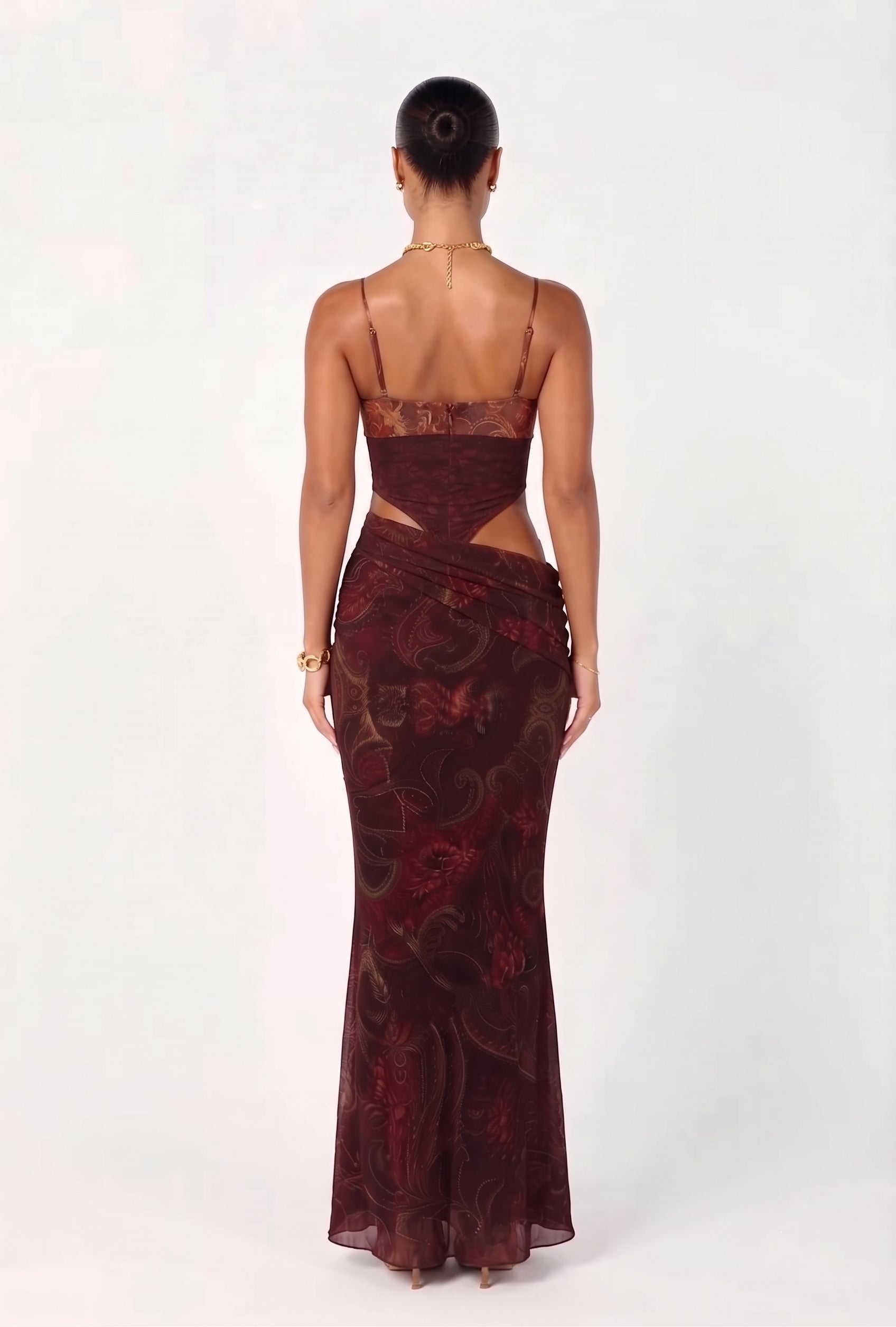 Wine Red Lace Bodysuit Chiffon Maxi Dress