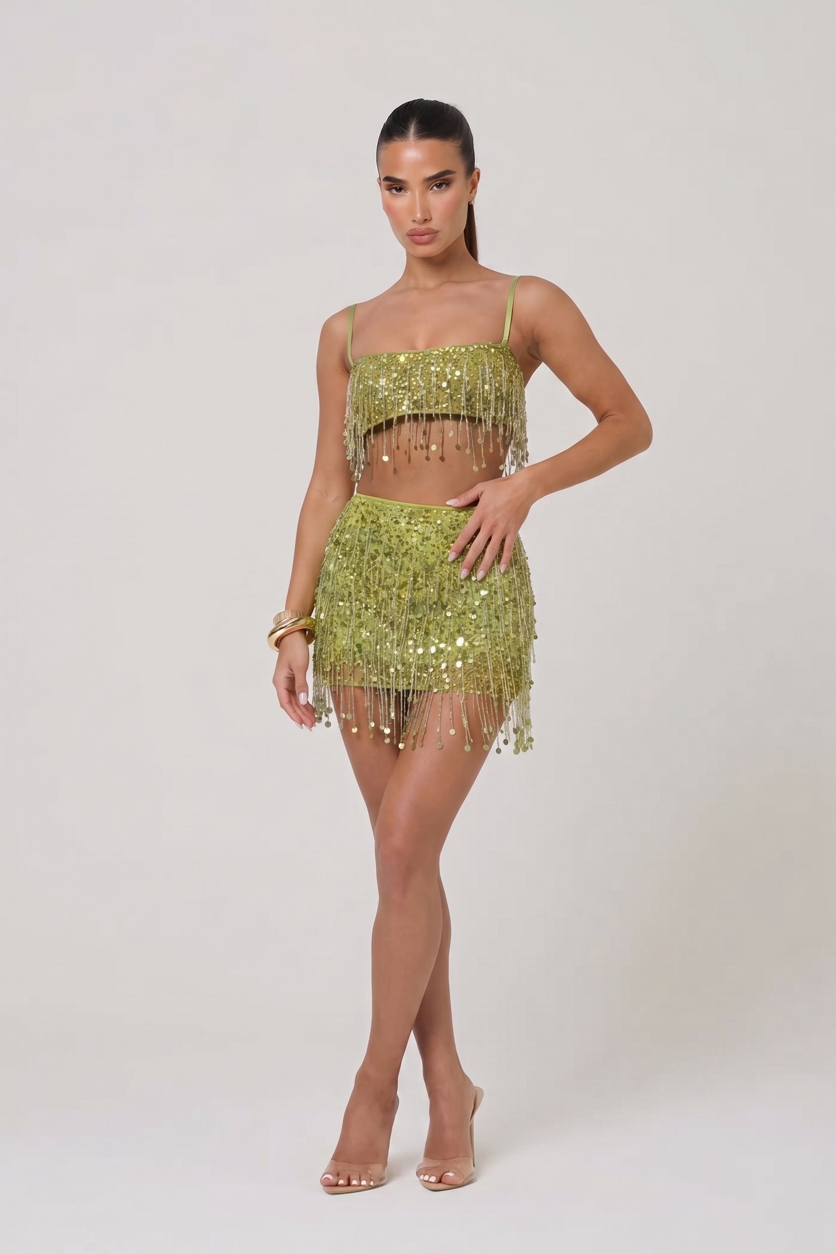 Green Sequin Crop Top & Mini Skirt Set