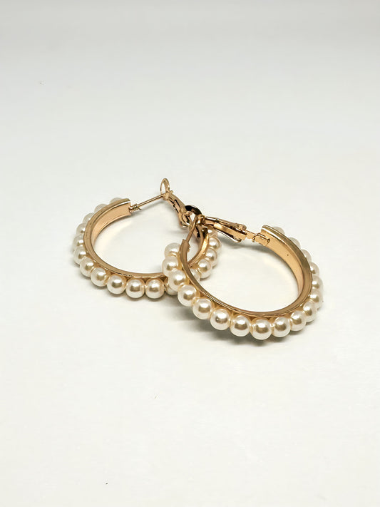 Gold Mini White Pearls Hoop Earrings