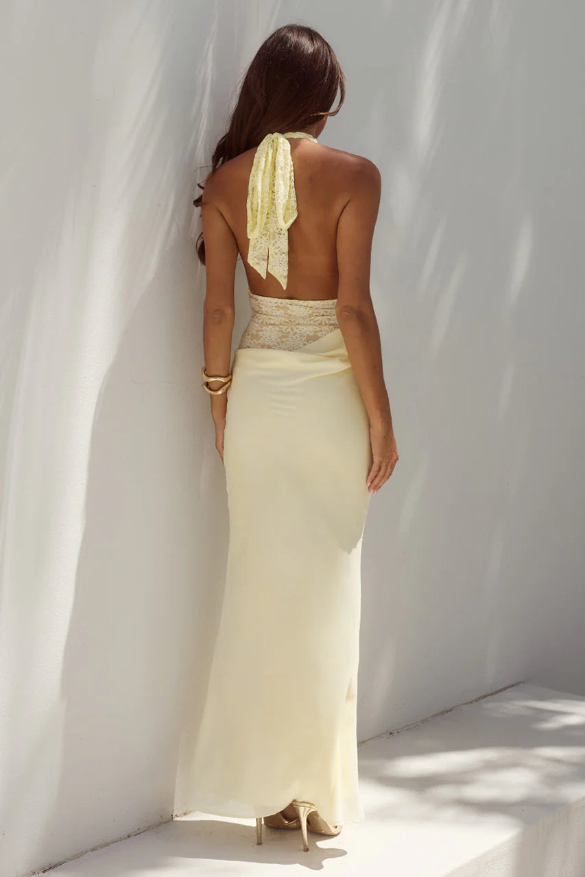 RUNAWAY THE LABEL LINA HALTER DRAPED MAXI DRESS - LEMON