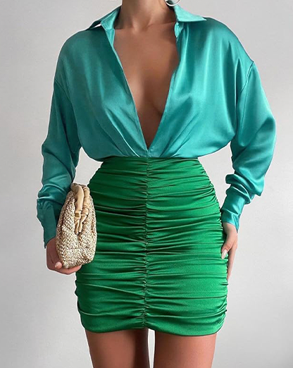 Blue & Green Contrast Long Sleeve Satin Ruched Mini Dress