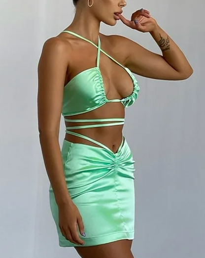 Green Halterneck Drawstring Bralet & Mini Skirt Satin Coord