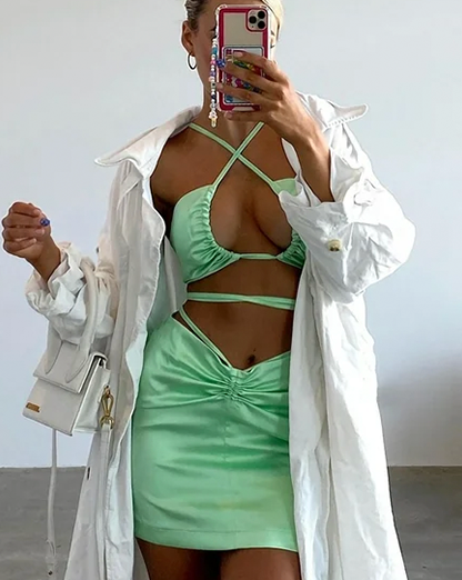 Green Halterneck Drawstring Bralet & Mini Skirt Satin Coord