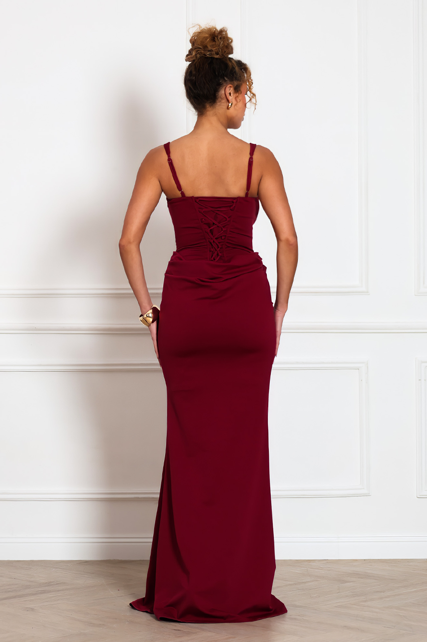 BURGUNDY RED CORSET DRAPE MAXI DRESS