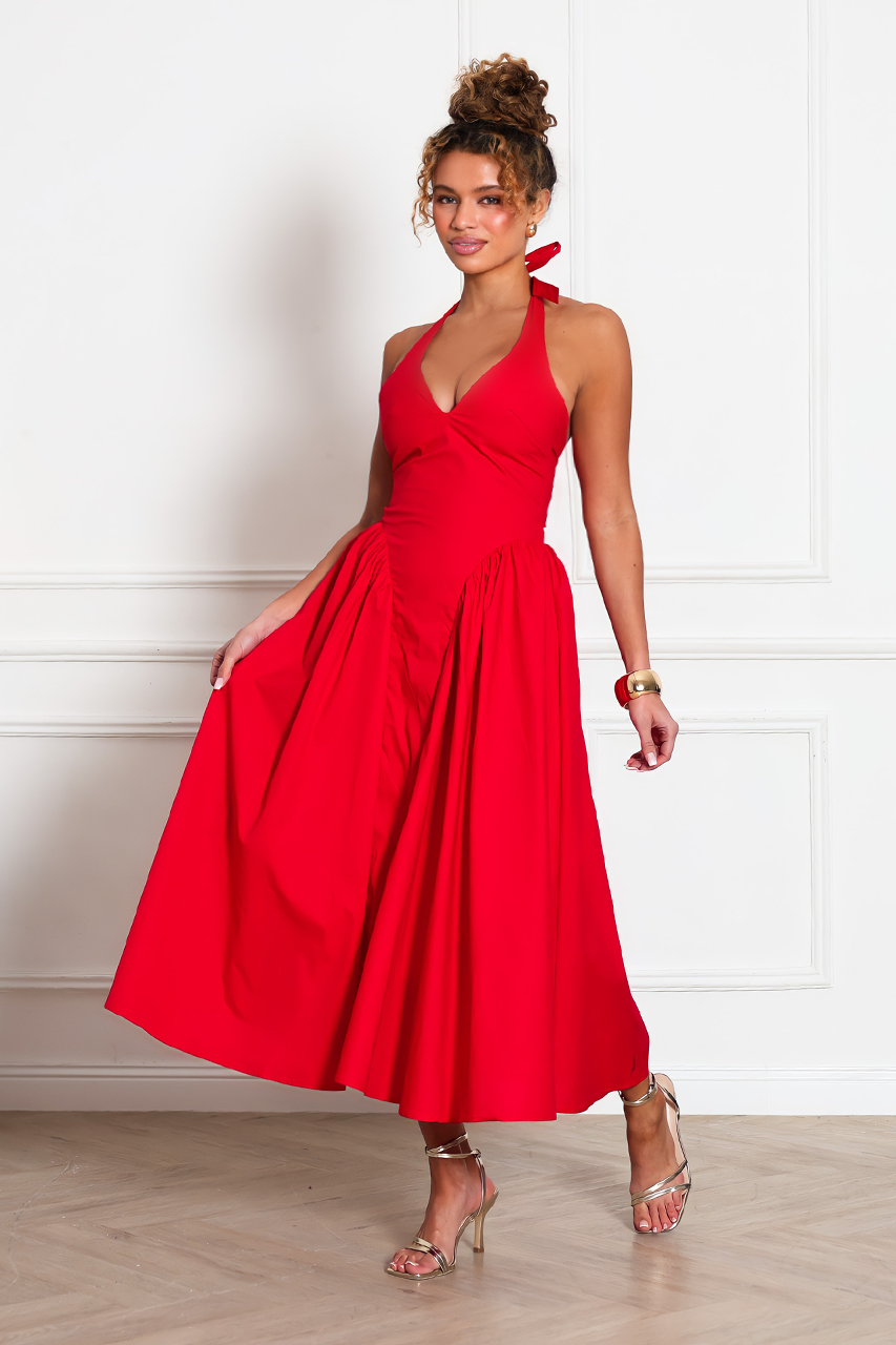 RED SKATER MIDI DRESS