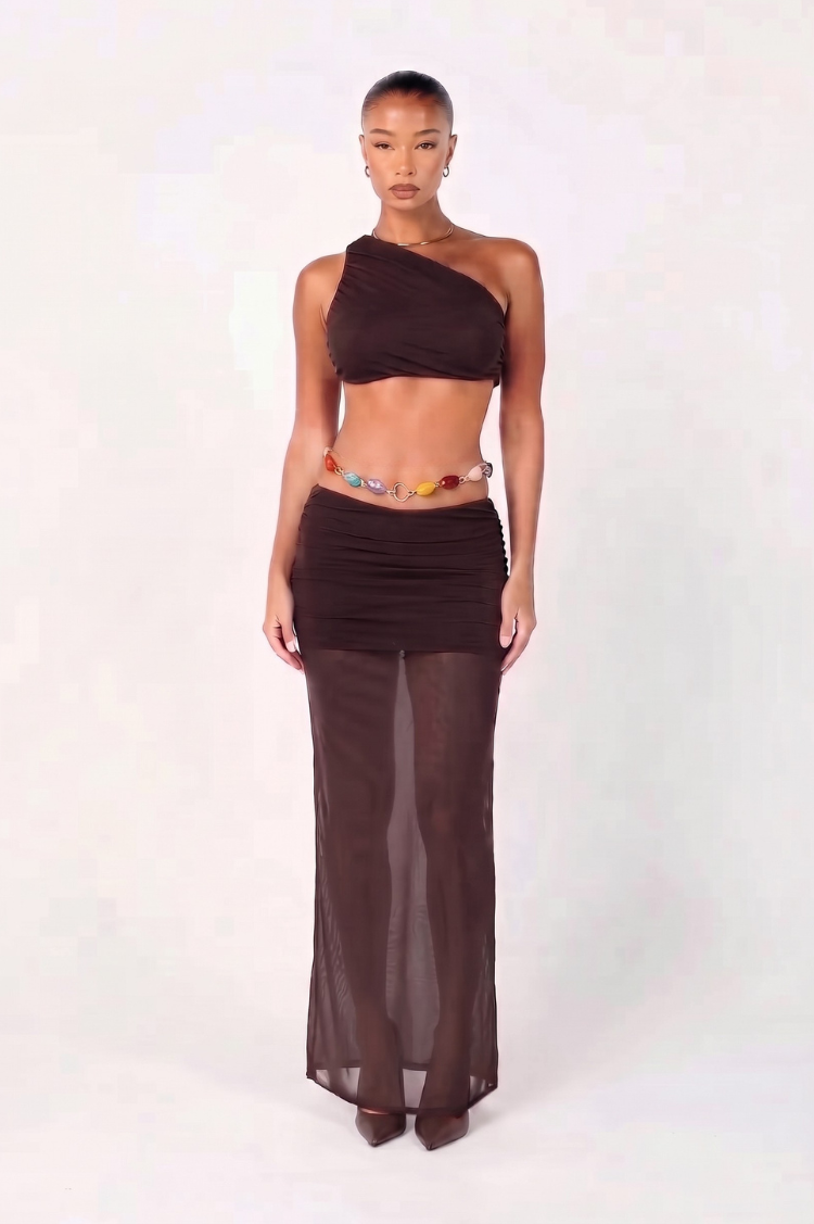 Brown Mesh One Shoulder Crop Top & Maxi Skirt Coord