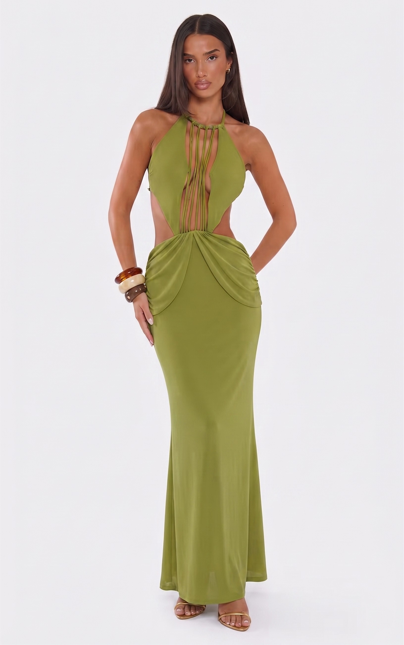 Green Plunge Cutout Waist Maxi Dress