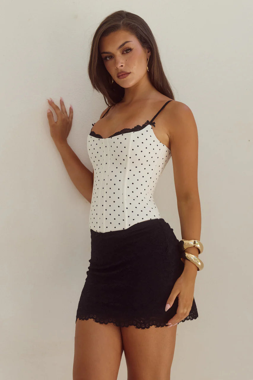 RUNAWAY THE LABEL VALERIE LACE TRIM BUSTIER & MINI SKIRT COORD - WHITE/BLACK POLKA