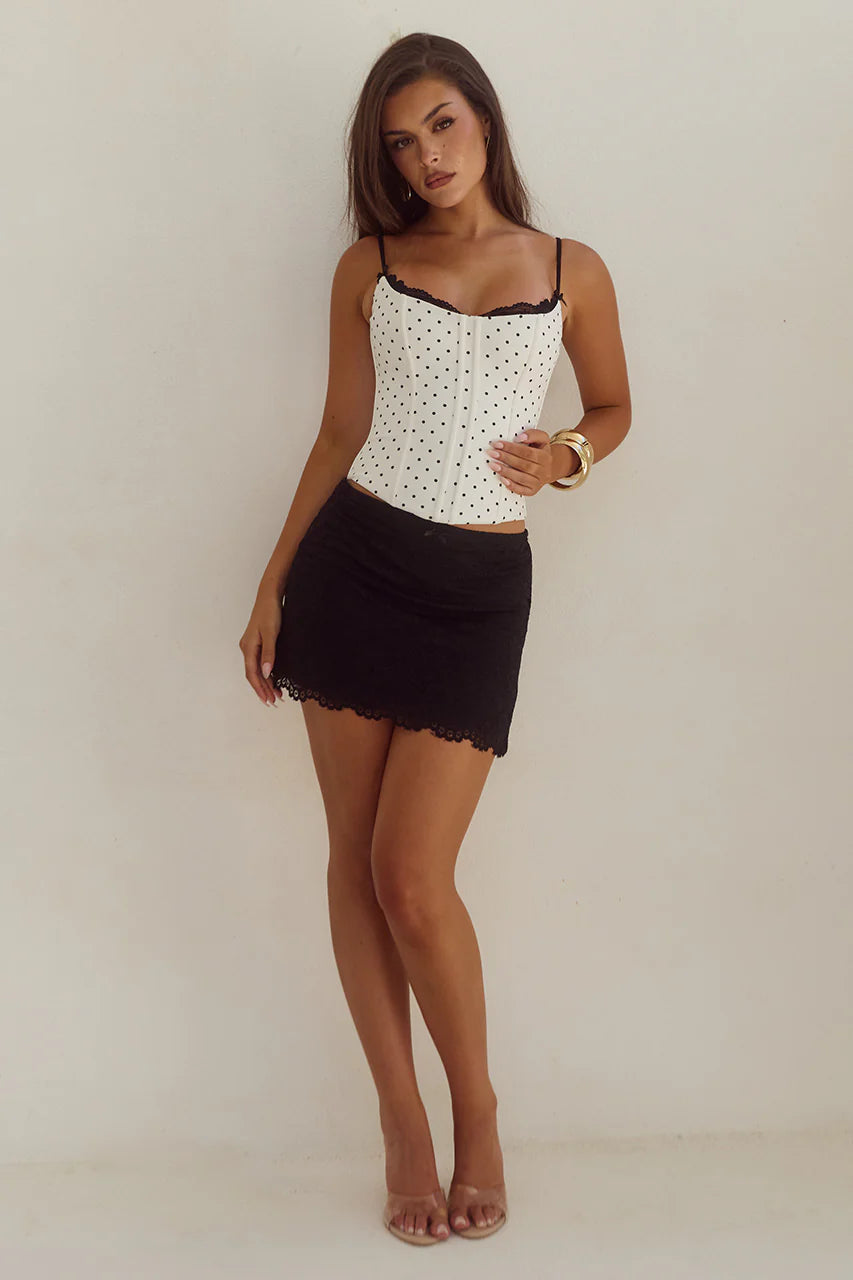 RUNAWAY THE LABEL VALERIE LACE TRIM BUSTIER & MINI SKIRT COORD - WHITE/BLACK POLKA