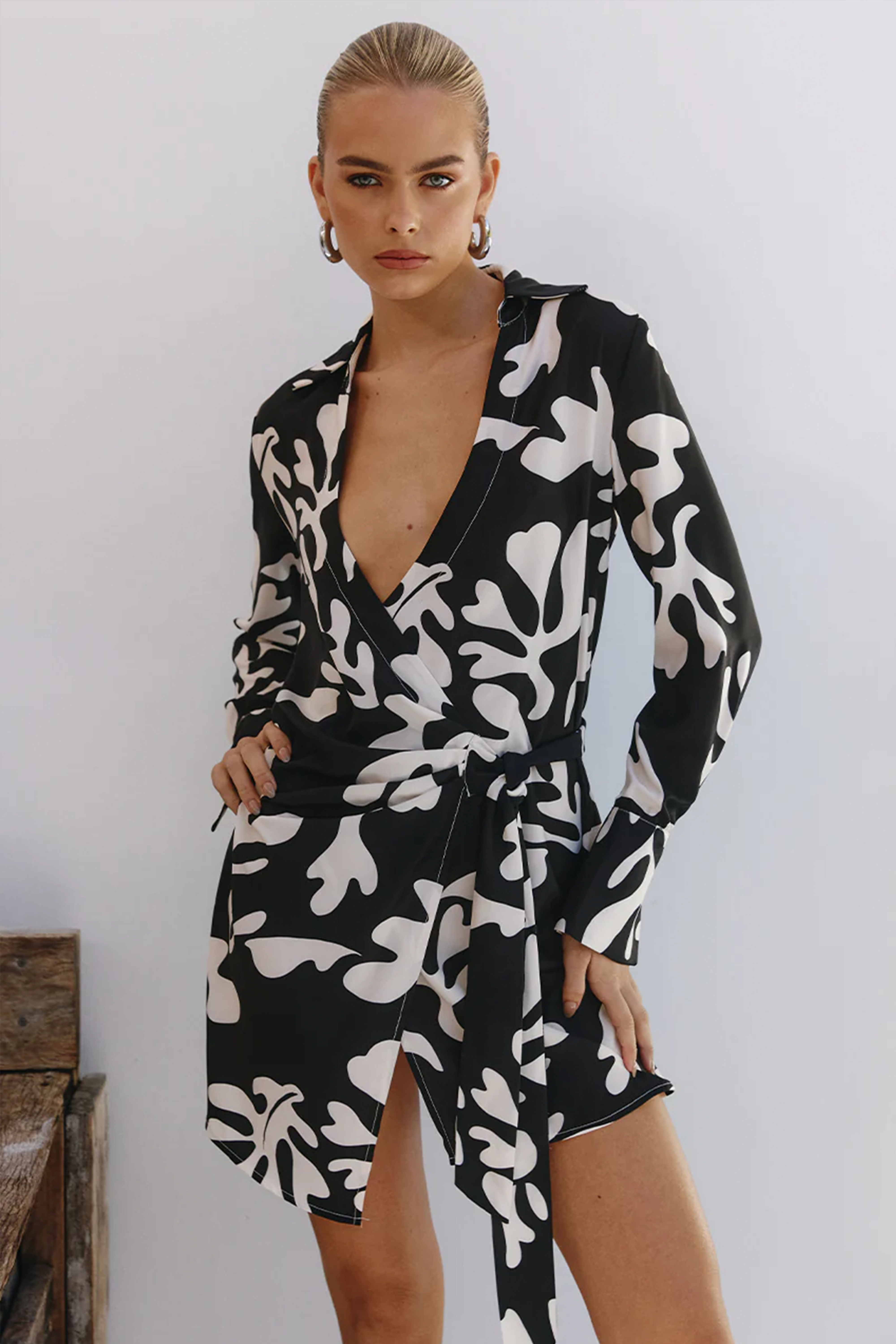 RUNAWAY THE LABEL Black Floral Long Sleeve Wrap Front Mini Dress