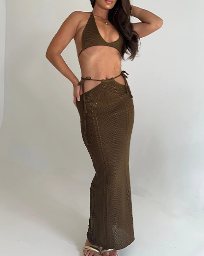 Brown Crochet Bralette & Maxi Bodycon Skirt Coord