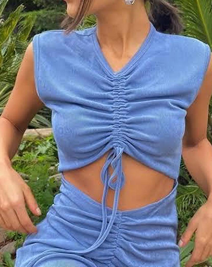 Blue Drawstring Cutout Front Bodycon Mini Dress