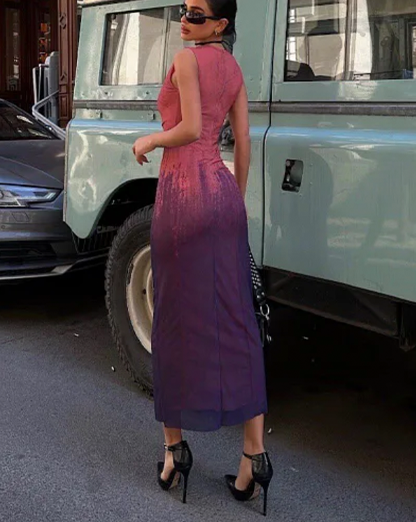 Coral Pink Ombre Ruched Double Layered Mesh Maxi Dress