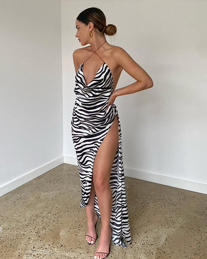 Black & White Zebra Satin Thigh Slit Asymmetrical Maxi Dress