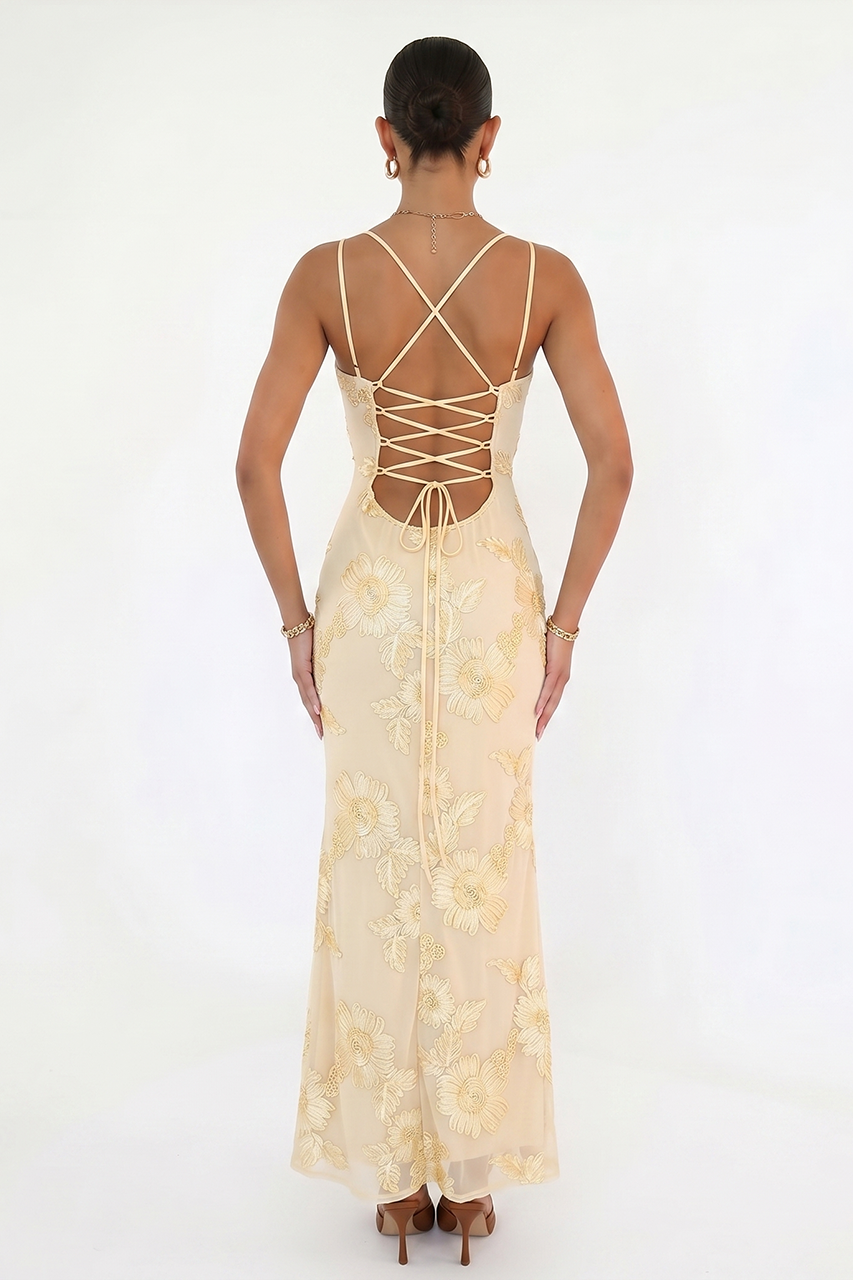 Butter Yellow Floral Embellished Maxi Dress