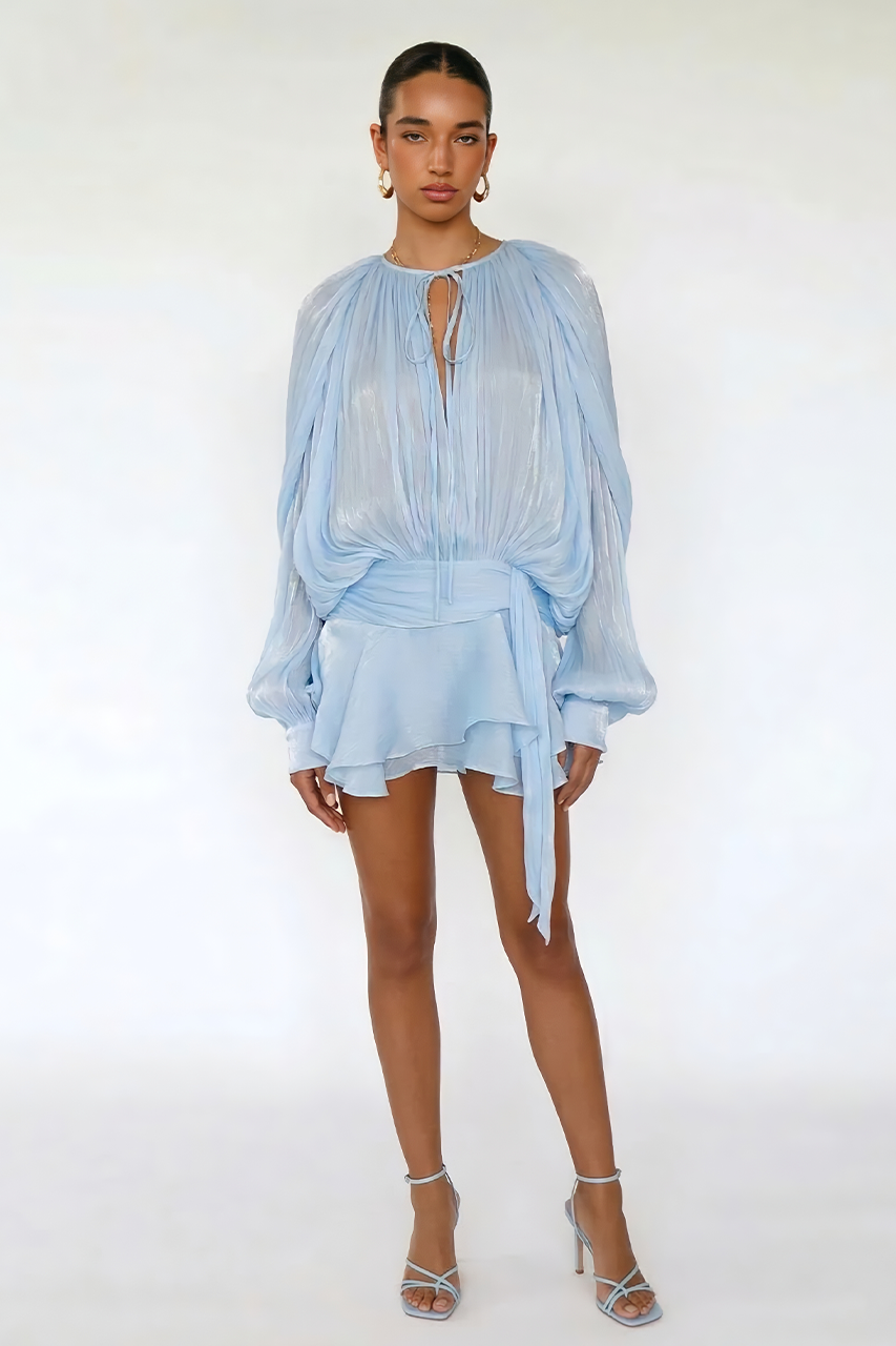 Powder Blue Chiffon Lantern Dress & Shorts Coord