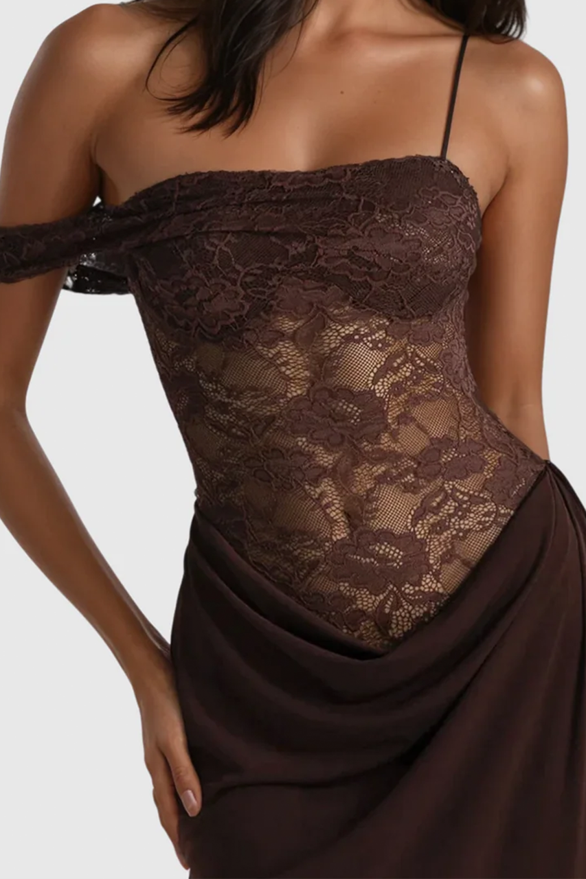 Chocolate Brown Lace Draped Maxi Dress