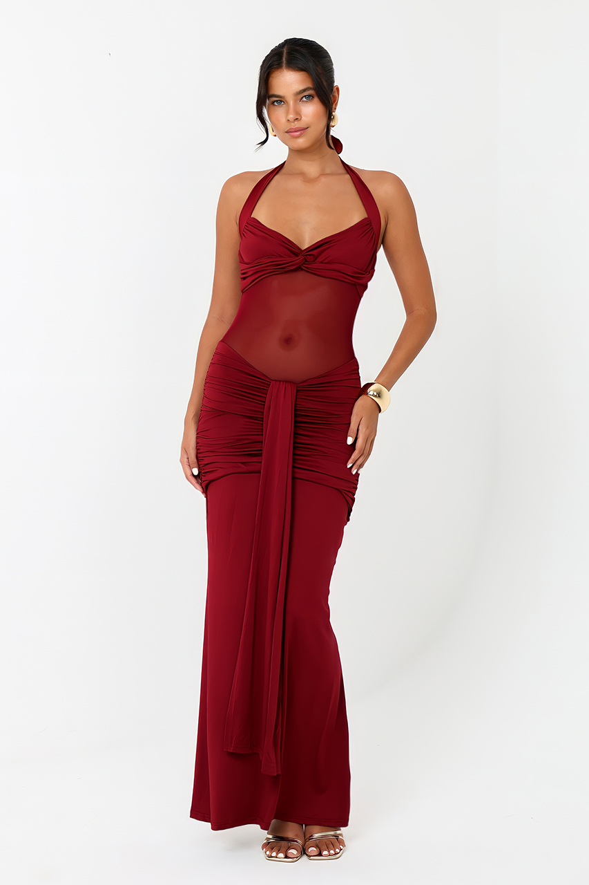 burgundy dress with accessories Burgundy Ruched Meshed Maxi Dress