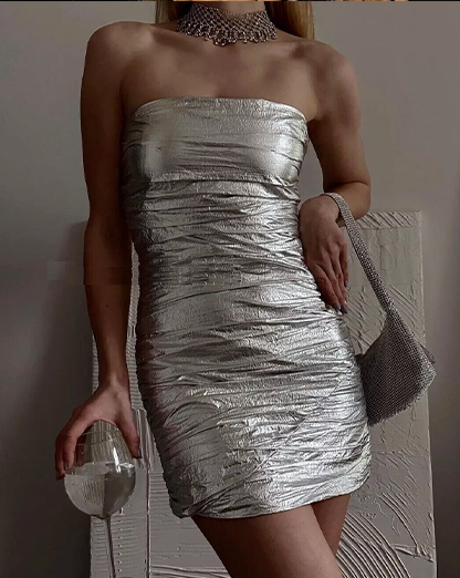 Silver Bandeau Mini Dress