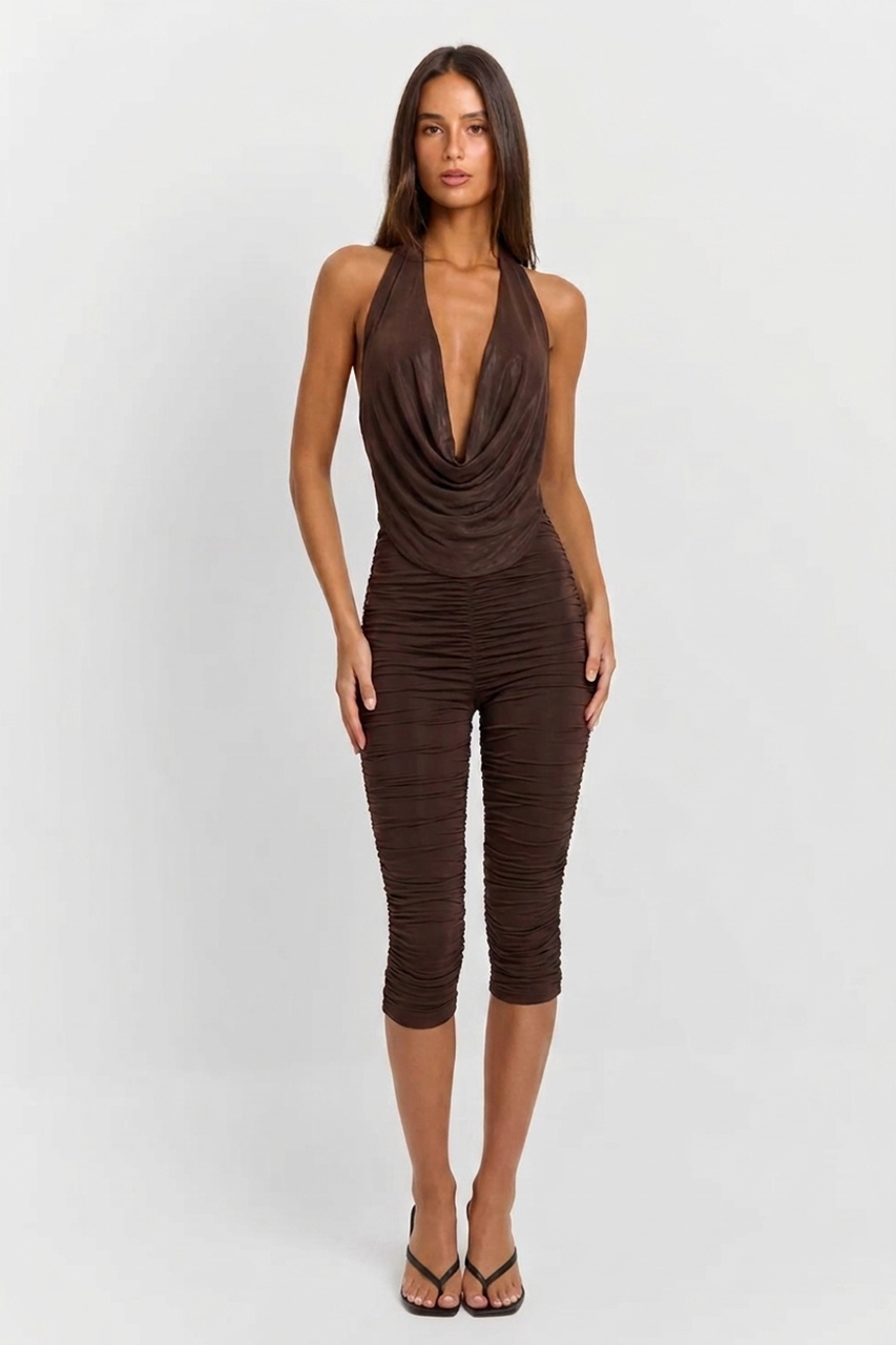 Espresso Brown Cowl Top & Ruched Capri Pants Coord