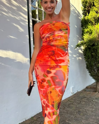 Coral Red Abstract Bandeau Bodycon Midi Dress