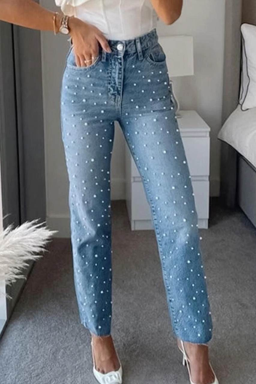 Blue Pearl Embellished Straight Leg Denim Jeans1
