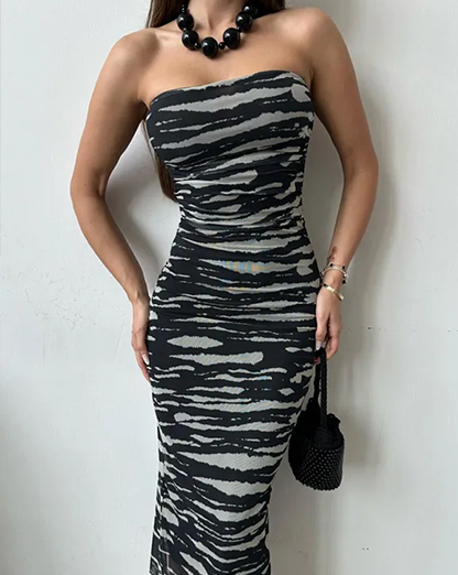 Black & Cream Zebra Bandeau Bodycon Midi Dress